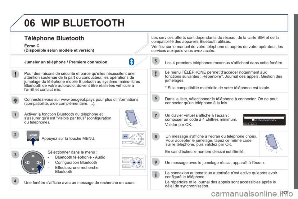 Peugeot 308 2014 Manuel du propriétaire (in French) 06
MENU
377
WIP BLUETOOTH
Pour des raisons de sécurité et parce qu’elles nécessitent u\
ne attention soutenue de la part du conducteur, les opérations de jumelage du téléphone mobile Blue Peugeot 308 2014 Manuel du propriétaire (in French) 06
MENU
377
WIP BLUETOOTH
Pour des raisons de sécurité et parce qu’elles nécessitent u\
ne attention soutenue de la part du conducteur, les opérations de jumelage du téléphone mobile Blue