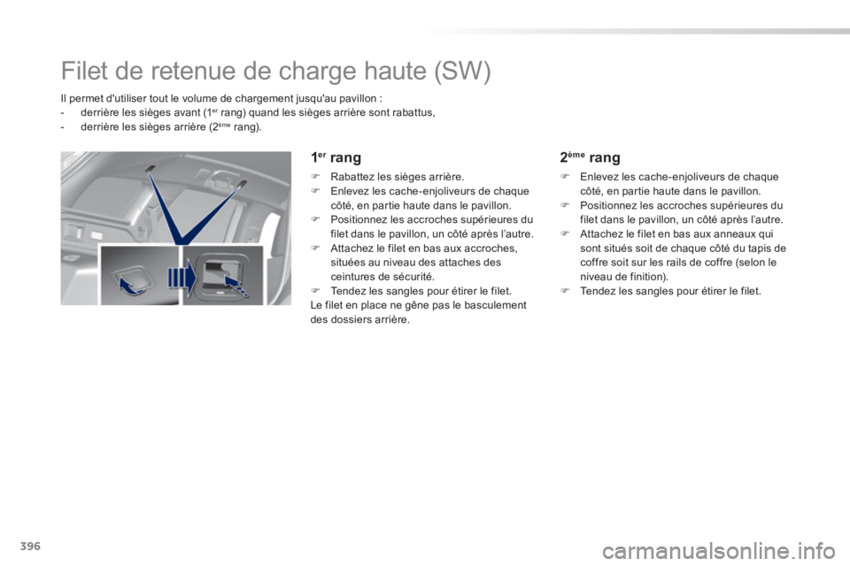 Peugeot 308 2014 Manuel du propriétaire (in French) 396
Filet de retenue de charge haute (SW)
Il permet dutiliser tout le volume de chargement jusquau pavillon : - derrière les sièges avant (1 er rang) quand les sièges Peugeot 308 2014 Manuel du propriétaire (in French) 396
Filet de retenue de charge haute (SW)
Il permet dutiliser tout le volume de chargement jusquau pavillon : - derrière les sièges avant (1 er rang) quand les sièges