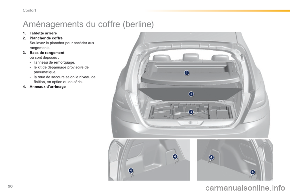 Peugeot 308 2014 Manuel du propriétaire (in French) 90
Confort
Aménagements du coffre (berline)
1. Tablette arrière2. Plancher de coffre Soulevez le plancher pour accéder aux rangements. 3. Bacs de rangement o Peugeot 308 2014 Manuel du propriétaire (in French) 90
Confort
Aménagements du coffre (berline)
1. Tablette arrière2. Plancher de coffre Soulevez le plancher pour accéder aux rangements. 3. Bacs de rangement o