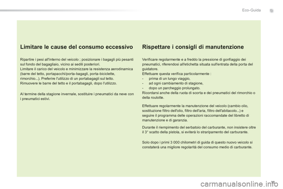 Peugeot 308 2014 Manuale del proprietario (in Italian) 11
.Eco- Guida
308_it_Chap00c_eco conduite_ed02-2013
Limitare le cause del consumo eccessivo
Ripartire i pesi allinterno del veicolo ; posizionare i bagagli più pesanti sul fondo del bagagliaio Peugeot 308 2014 Manuale del proprietario (in Italian) 11
.Eco- Guida
308_it_Chap00c_eco conduite_ed02-2013
Limitare le cause del consumo eccessivo
Ripartire i pesi allinterno del veicolo ; posizionare i bagagli più pesanti sul fondo del bagagliaio