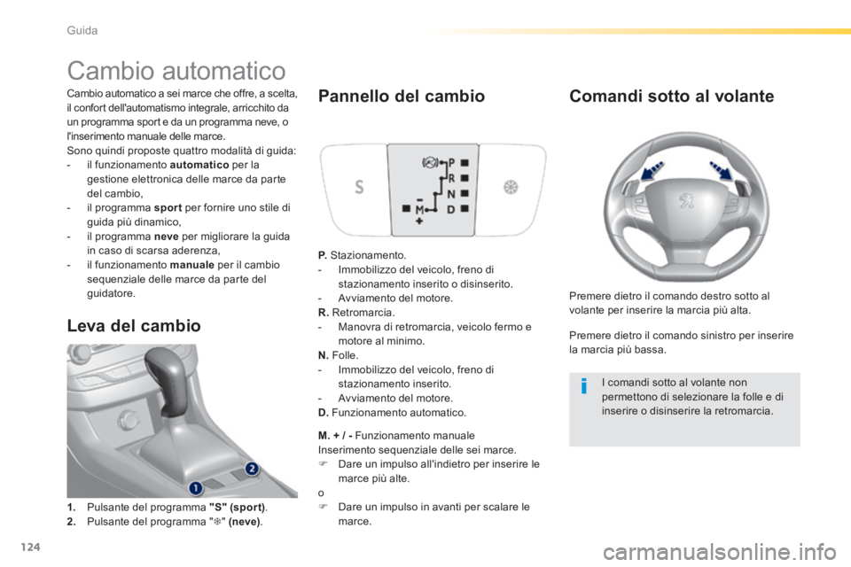 Peugeot 308 2014  Manuale del proprietario (in Italian) 124
Guida
308_it_Chap04_conduite_ed02-2013
               Cambio automatico 
  Cambio automatico a sei marce che offre, a scelta, il confort dellautomatismo integrale, arricchito da un programma spor