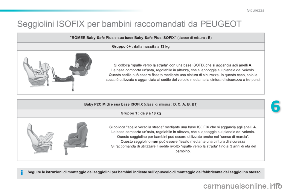 Peugeot 308 2014 Manuale del proprietario (in Italian) 215
6
Sicurezza
308_it_Chap06_securite_ed02-2013
Seggiolini ISOFIX per bambini raccomandati da PEUGEOT
Seguire le istruzioni di montaggio dei seggiolini per bambini indicate sullopus Peugeot 308 2014 Manuale del proprietario (in Italian) 215
6
Sicurezza
308_it_Chap06_securite_ed02-2013
Seggiolini ISOFIX per bambini raccomandati da PEUGEOT
Seguire le istruzioni di montaggio dei seggiolini per bambini indicate sullopus