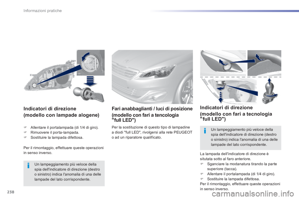 Peugeot 308 2014 Manuale del proprietario (in Italian) 238
Informazioni pratiche
308_it_Chap07_info pratiques_ed02-2013
Per il rimontaggio, effettuare queste operazioni in senso inverso.
Indicatori di direzione
(modello con lampade alogene) Peugeot 308 2014 Manuale del proprietario (in Italian) 238
Informazioni pratiche
308_it_Chap07_info pratiques_ed02-2013
Per il rimontaggio, effettuare queste operazioni in senso inverso.
Indicatori di direzione
(modello con lampade alogene)