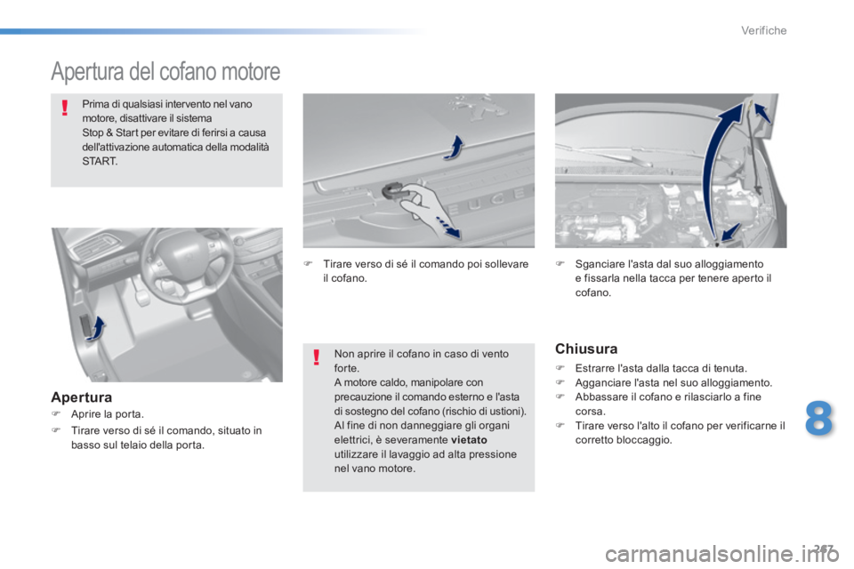 Peugeot 308 2014 Manuale del proprietario (in Italian) 267
8
Verifiche
308_it_Chap08_verifications_ed02-2013
Apertura del cofano motore
Prima di qualsiasi intervento nel vano motore, disattivare il sistema Stop & Start per evitare di ferirsi Peugeot 308 2014 Manuale del proprietario (in Italian) 267
8
Verifiche
308_it_Chap08_verifications_ed02-2013
Apertura del cofano motore
Prima di qualsiasi intervento nel vano motore, disattivare il sistema Stop & Start per evitare di ferirsi