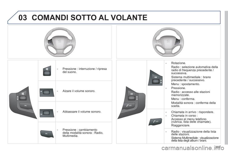 Peugeot 308 2014 Manuale del proprietario (in Italian) 03
297
308_it_Chap10c_SMEGplus_ed02-2013
COMANDI SOTTO AL VOLANTE
- Pressione : interruzione / ripresa del suono.
- Alzare il volume sonoro.
- Abbassare il volume sonor Peugeot 308 2014 Manuale del proprietario (in Italian) 03
297
308_it_Chap10c_SMEGplus_ed02-2013
COMANDI SOTTO AL VOLANTE
- Pressione : interruzione / ripresa del suono.
- Alzare il volume sonoro.
- Abbassare il volume sonor