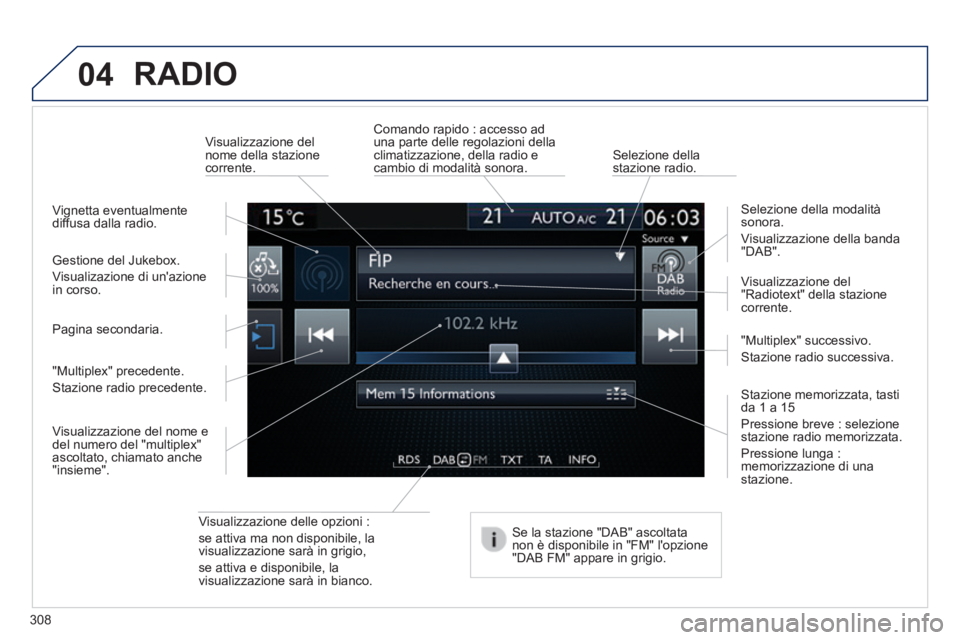 Peugeot 308 2014 Manuale del proprietario (in Italian) 04
308
308_it_Chap10c_SMEGplus_ed02-2013
RADIO
Visualizzazione delle opzioni :
se attiva ma non disponibile, la visualizzazione sarà in grigio,
se attiva e disponibile, la visualizzazione Peugeot 308 2014 Manuale del proprietario (in Italian) 04
308
308_it_Chap10c_SMEGplus_ed02-2013
RADIO
Visualizzazione delle opzioni :
se attiva ma non disponibile, la visualizzazione sarà in grigio,
se attiva e disponibile, la visualizzazione