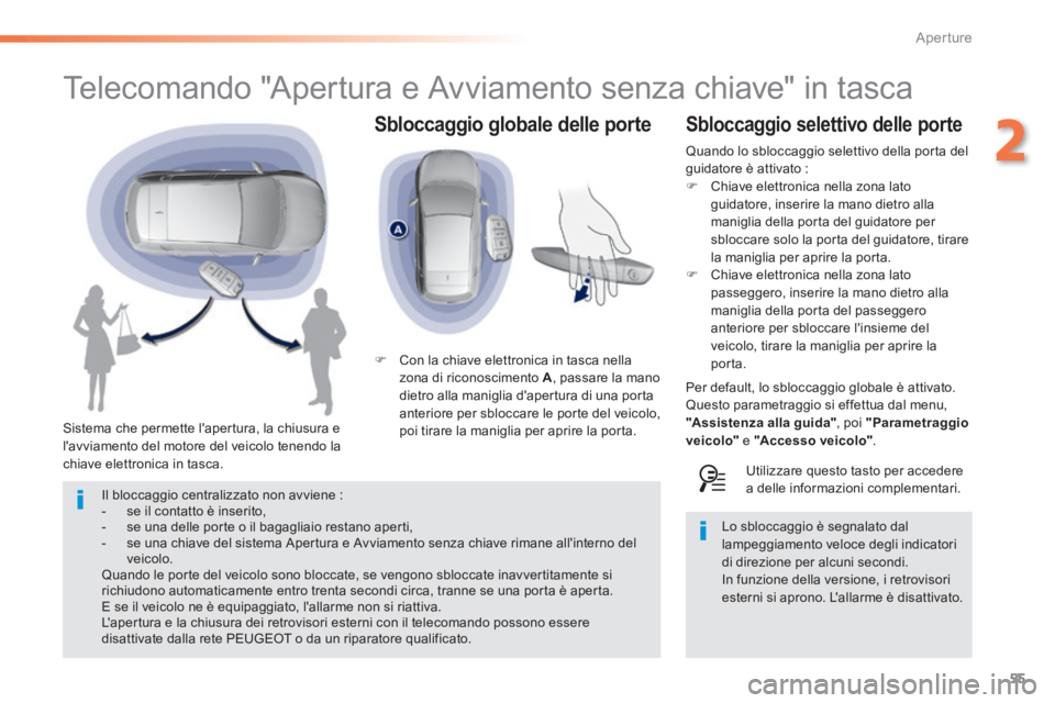 Peugeot 308 2014 Manuale del proprietario (in Italian) 55
2
Aperture
308_it_Chap02_ouvertures_ed02-2013
Sbloccaggio globale delle porte
Telecomando "Apertura e Avviamento senza chiave" in tasca
Sistema che permette lapertura, la chi Peugeot 308 2014 Manuale del proprietario (in Italian) 55
2
Aperture
308_it_Chap02_ouvertures_ed02-2013
Sbloccaggio globale delle porte
Telecomando "Apertura e Avviamento senza chiave" in tasca
Sistema che permette lapertura, la chi