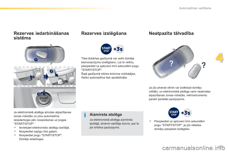 Peugeot 308 2014 Īpašnieka rokasgrāmata (in Latvian) 111
4
Automašīnas vadīšana
308_LV_CHAP04_CONDUITE_ED02-2013
Aizmirsta atslēga
Ja elektroniskā atslēga aizmirsta lasītājā, atverot vadītāja durvis, par to jūs brīdina paziņojums.
Peugeot 308 2014 Īpašnieka rokasgrāmata (in Latvian) 111
4
Automašīnas vadīšana
308_LV_CHAP04_CONDUITE_ED02-2013
Aizmirsta atslēga
Ja elektroniskā atslēga aizmirsta lasītājā, atverot vadītāja durvis, par to jūs brīdina paziņojums.