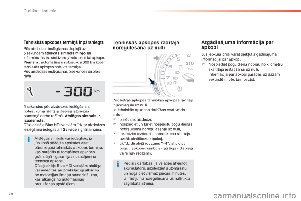 Peugeot 308 2014  Īpašnieka rokasgrāmata (in Latvian) 28
Darbības kontrole
308_LV_CHAP01_CONTROLE DE MARCHE_ED02-2013
  Tehniskās apkopes termiņš ir pārsniegts 
Pēc aizdedzes ieslēgšanas displejā uz 5 sekundēm  atslēgas simbols mirgo , lai ats
