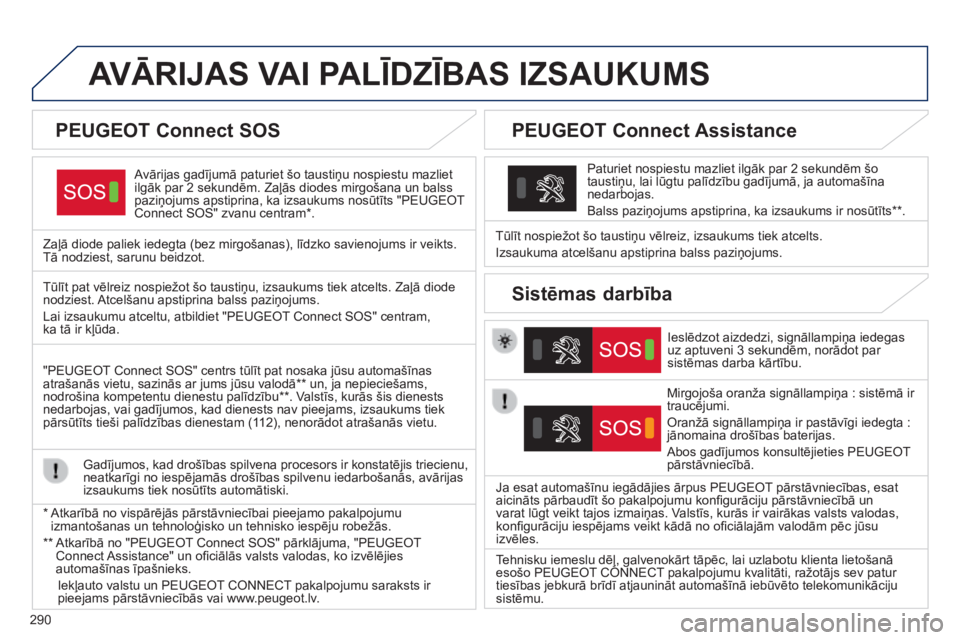 Peugeot 308 2014 Īpašnieka rokasgrāmata (in Latvian) 290
308_LV_CHAP10A_BTA_ED02-2013
AVĀRIJAS VAI PALĪDZĪBAS IZSAUKUMS
Avārijas gadījumā paturiet šo taustiņu nospiestu mazliet ilgāk par 2 sekundēm. Zaļās diodes mirgošana un balss pazi Peugeot 308 2014 Īpašnieka rokasgrāmata (in Latvian) 290
308_LV_CHAP10A_BTA_ED02-2013
AVĀRIJAS VAI PALĪDZĪBAS IZSAUKUMS
Avārijas gadījumā paturiet šo taustiņu nospiestu mazliet ilgāk par 2 sekundēm. Zaļās diodes mirgošana un balss pazi