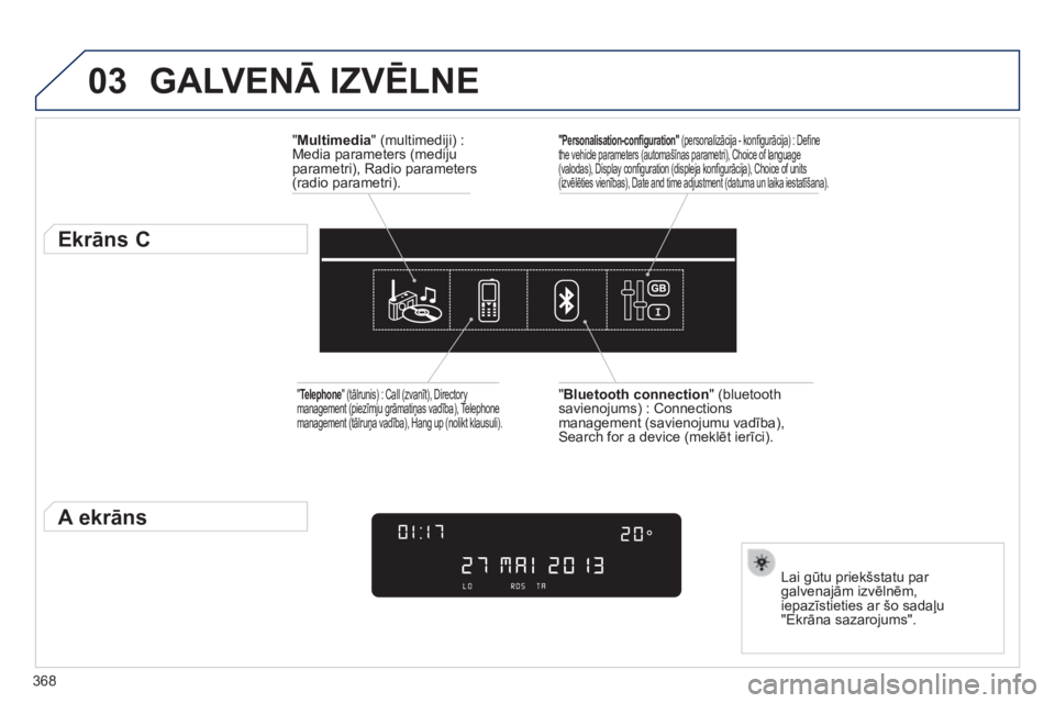 Peugeot 308 2014 Īpašnieka rokasgrāmata (in Latvian) 03
368
308_lv_chap10d_rd45_ed02_2013
GALVENĀ IZVĒLNE
" Multimedia " (multimediji) : Media parameters (mediju parametri), Radio parameters (radio parametri).
Ekrāns C
Lai Peugeot 308 2014 Īpašnieka rokasgrāmata (in Latvian) 03
368
308_lv_chap10d_rd45_ed02_2013
GALVENĀ IZVĒLNE
" Multimedia " (multimediji) : Media parameters (mediju parametri), Radio parameters (radio parametri).
Ekrāns C
Lai