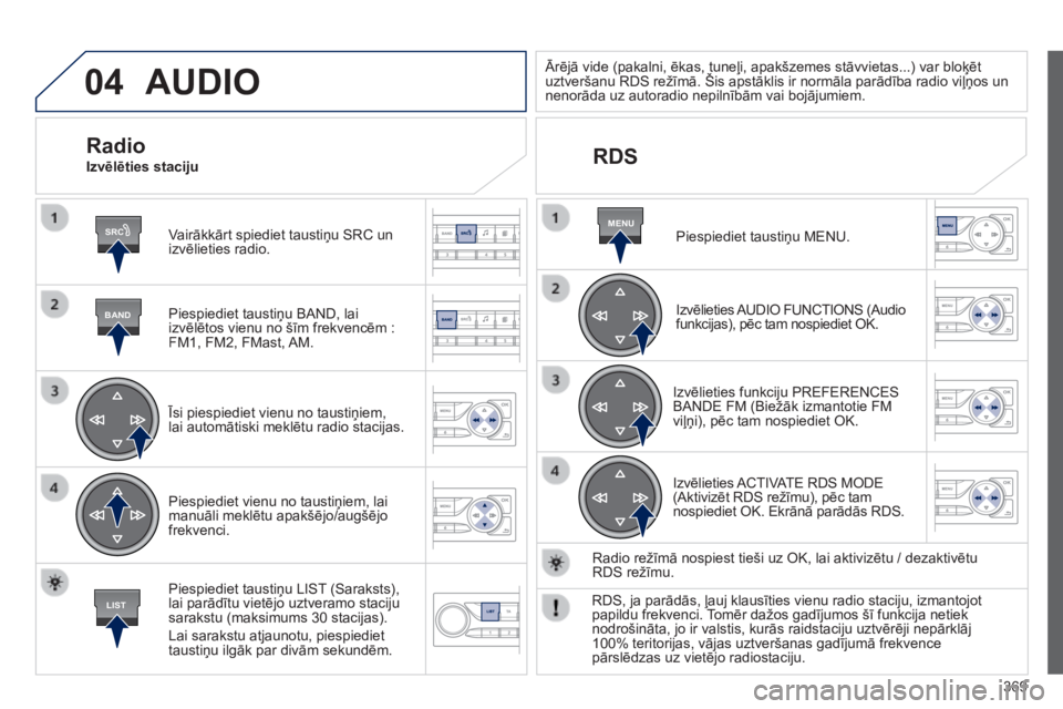 Peugeot 308 2014 Īpašnieka rokasgrāmata (in Latvian) 04
SRC
BAND
LIST
MENU
369
308_lv_chap10d_rd45_ed02_2013
AUDIO
Vairākkārt spiediet taustiņu SRC un izvēlieties radio.
Piespiediet taustiņu BAND, lai izvēlētos vienu no šīm frekvencēm Peugeot 308 2014 Īpašnieka rokasgrāmata (in Latvian) 04
SRC
BAND
LIST
MENU
369
308_lv_chap10d_rd45_ed02_2013
AUDIO
Vairākkārt spiediet taustiņu SRC un izvēlieties radio.
Piespiediet taustiņu BAND, lai izvēlētos vienu no šīm frekvencēm