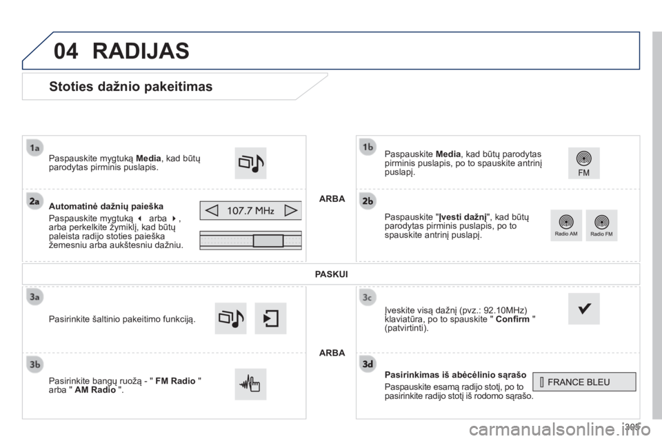 Peugeot 308 2014  Savininko vadovas (in Lithuanian) 04
305
308_lt_Chap10c_SMEGplus_ed02-2013
            Stoties dažnio pakeitimas 
  Pasirinkimas iš abėcėlinio sąrašo 
 Paspauskite esamą radijo stotį, po to pasirinkite radijo stotį iš rodomo