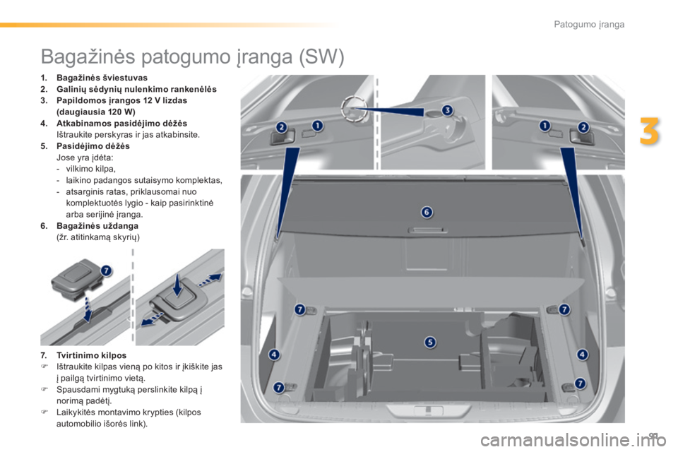 Peugeot 308 2014  Savininko vadovas (in Lithuanian) 91
3
Patogumo įranga
308_lt_Chap03_confort_ed02-2013
                 Bagažinės patogumo įranga (SW)  
1.    Bagažinės šviestuvas2.    Galinių sėdynių nulenkimo rankenėlės3.    Papildomos 