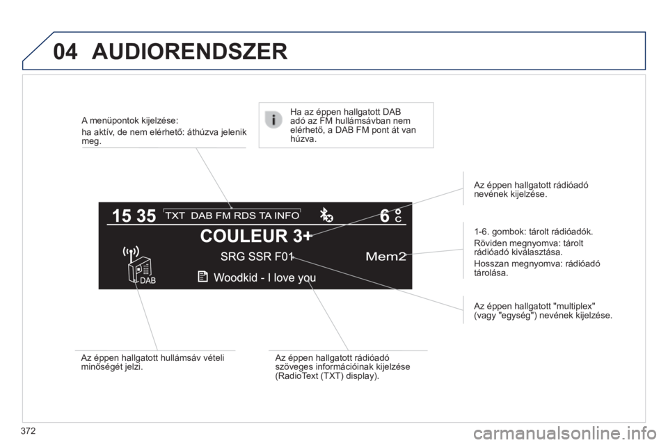Peugeot 308 2014 Kezelési útmutató (in Hungarian) 04
372
308_hu_Chap10d_RD45_ed02_2013
A menüpontok kijelzése:
ha aktív, de nem elérhető: áthúzva jelenik meg.
1-6. gombok: tárolt rádióadók.
Röviden megnyomva: tárolt rádióadó k Peugeot 308 2014 Kezelési útmutató (in Hungarian) 04
372
308_hu_Chap10d_RD45_ed02_2013
A menüpontok kijelzése:
ha aktív, de nem elérhető: áthúzva jelenik meg.
1-6. gombok: tárolt rádióadók.
Röviden megnyomva: tárolt rádióadó k