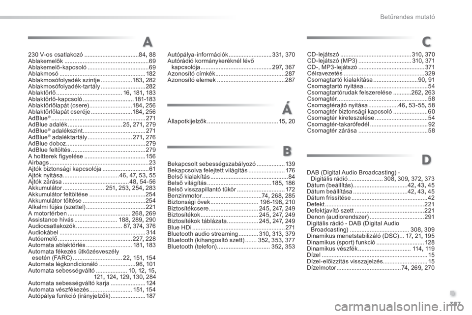Peugeot 308 2014  Kezelési útmutató (in Hungarian) 387
.
Betűrendes mutató
308_hu_Chap11_index alpha_ed02-2013
230 V-os csatlakozó .................................84, 88Ablakemelők ...................................................69Ablakemelő-