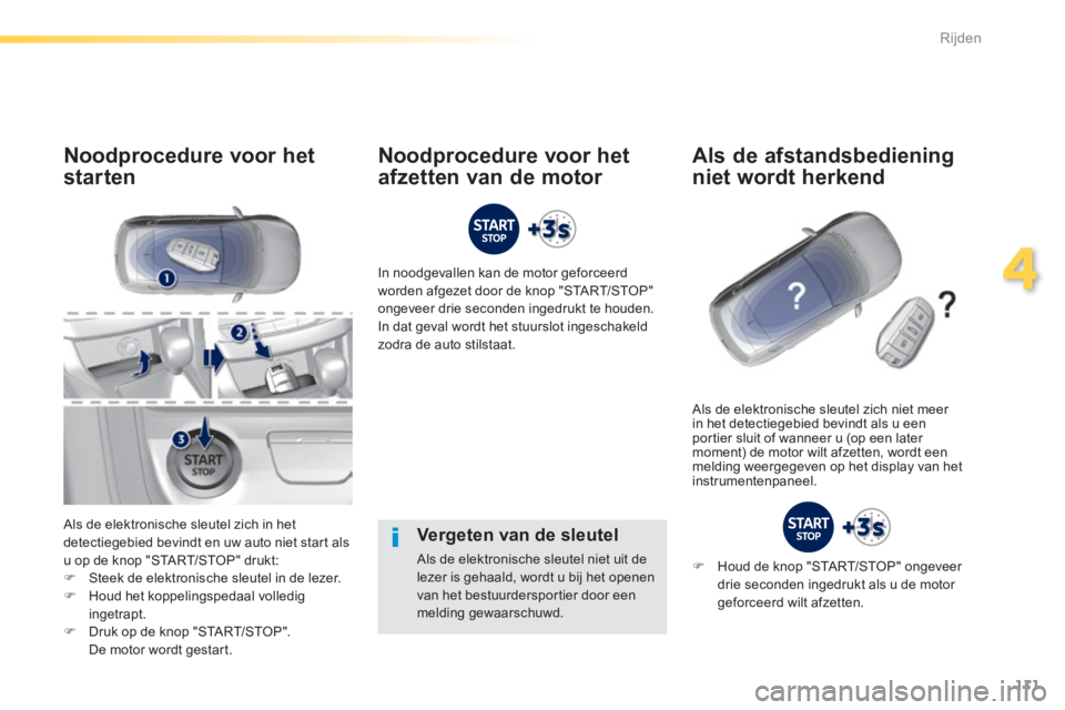Peugeot 308 2014 Handleiding (in Dutch) 111
4
Rijden
308_nl_Chap04_conduite_ed02-2013
Vergeten van de sleutel
Als de elektronische sleutel niet uit de lezer is gehaald, wordt u bij het openen van het bestuurdersportier door een melding Peugeot 308 2014 Handleiding (in Dutch) 111
4
Rijden
308_nl_Chap04_conduite_ed02-2013
Vergeten van de sleutel
Als de elektronische sleutel niet uit de lezer is gehaald, wordt u bij het openen van het bestuurdersportier door een melding