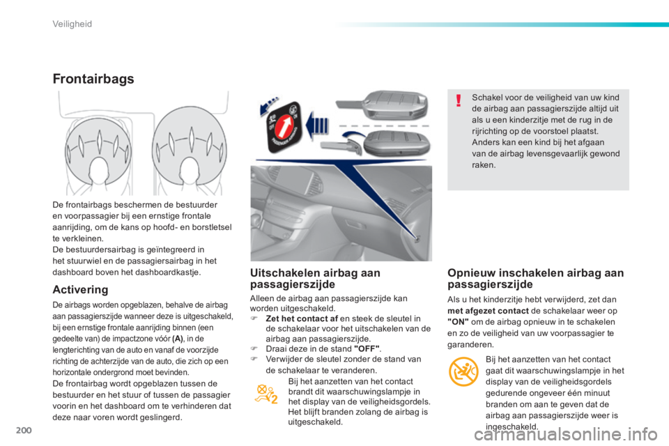 Peugeot 308 2014  Handleiding (in Dutch) 200
Veiligheid
308_nl_Chap06_securite_ed02-2013
  Uitschakelen  airbag  aan passagierszijde 
 Alleen de airbag aan passagierszijde kan worden uitgeschakeld.     Zet het contact af  en steek de sleu
