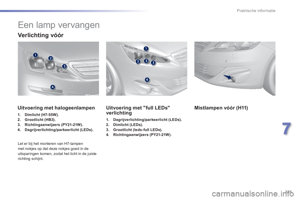 Peugeot 308 2014  Handleiding (in Dutch) 235
7
Praktische informatie
308_nl_Chap07_info pratiques_ed02-2013
           Een lamp vervangen 
  Verlichting  vóór  
Uitvoering met "full LEDs" verlichting 
1.    Dagrijverlichting/parkeerlicht (