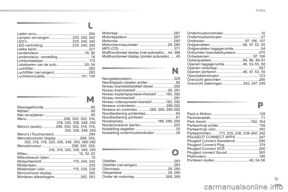 Peugeot 308 2014  Handleiding (in Dutch) 389
.
Index
308_nl_Chap11_index alpha_ed02-2013
Laden accu....................................................254Lampen vervangen .......................235, 240, 242LEDs ............................