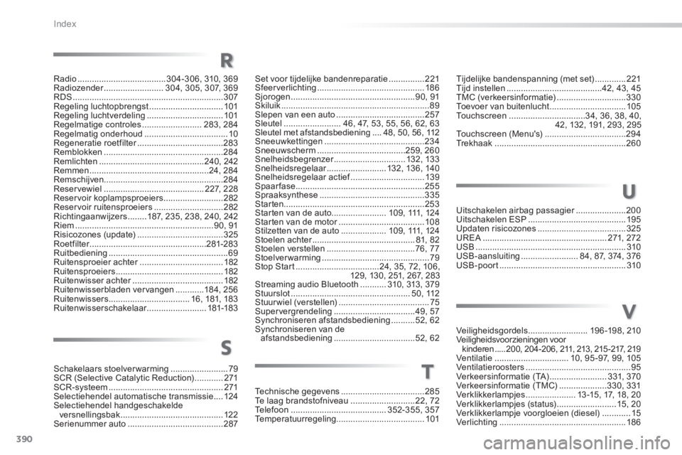 Peugeot 308 2014  Handleiding (in Dutch) 390
Index
308_nl_Chap11_index alpha_ed02-2013
Tijdelijke bandenspanning (met set) .............221Tijd instellen ........................................42, 43, 45TMC (verkeersinformatie) ............