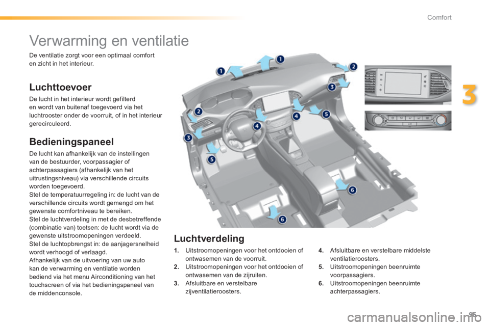 Peugeot 308 2014  Handleiding (in Dutch) 95
3
Comfort
308_nl_Chap03_confort_ed02-2013
         Verwarming en ventilatie 
  Luchttoevoer 
 De lucht in het interieur wordt gefilterd en wordt van buitenaf toegevoerd via het luchtrooster onder d
