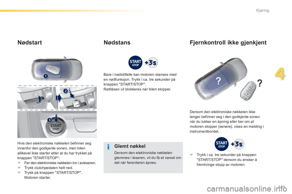 Peugeot 308 2014  Brukerhåndbok (in Norwegian) 111
4
Kjøring
308_no_Chap04_conduite_ed02-2013
  Glemt  nøkkel 
 Dersom den elektroniske nøkkelen glemmes i leseren, vil du få et varsel om det når førerdøren åpnes.   
Nødstart 
  Hvis den e