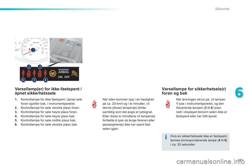 Peugeot 308 2014  Brukerhåndbok (in Norwegian) 197
6
Sikkerhet
308_no_Chap06_securite_ed02-2013
  Når bilen kommer opp i en hastighet på ca. 20 km/t og i to minutter, vil denne (disse) lampen(e) blinke samtidig som det avgis et lydsignal. Etter 