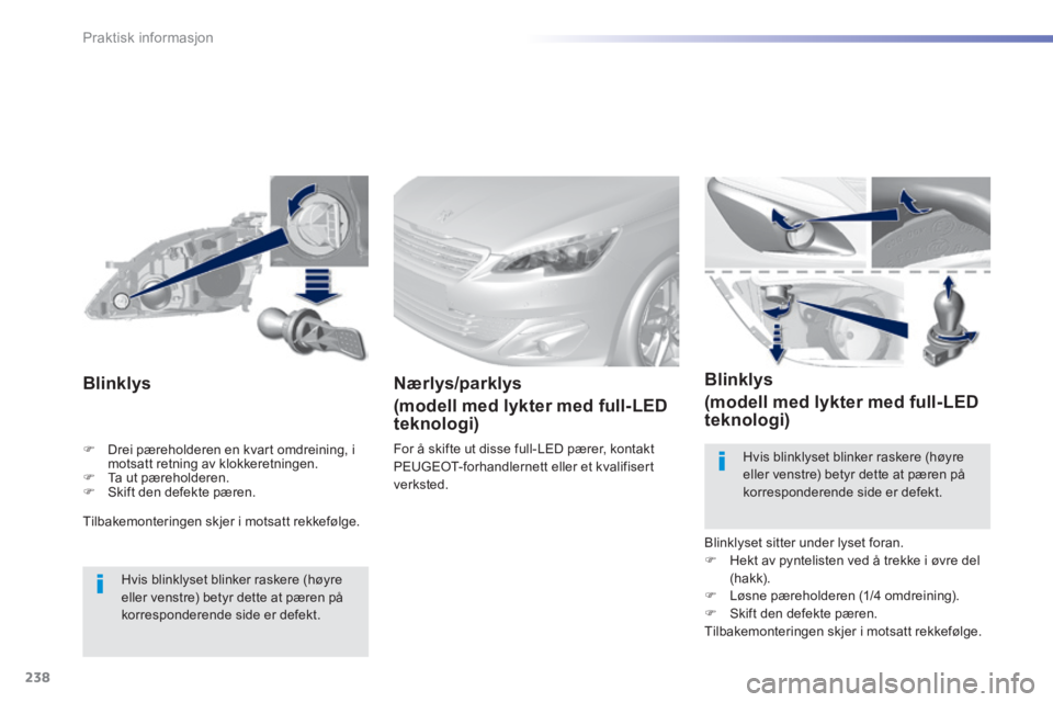 Peugeot 308 2014 Brukerhåndbok (in Norwegian) 238
Praktisk informasjon
308_no_Chap07_info pratiques_ed02-2013
Tilbakemonteringen skjer i motsatt rekkefølge.
Blinklys
Hvis blinklyset blinker raskere (høyre eller venstre) betyr det Peugeot 308 2014 Brukerhåndbok (in Norwegian) 238
Praktisk informasjon
308_no_Chap07_info pratiques_ed02-2013
Tilbakemonteringen skjer i motsatt rekkefølge.
Blinklys
Hvis blinklyset blinker raskere (høyre eller venstre) betyr det