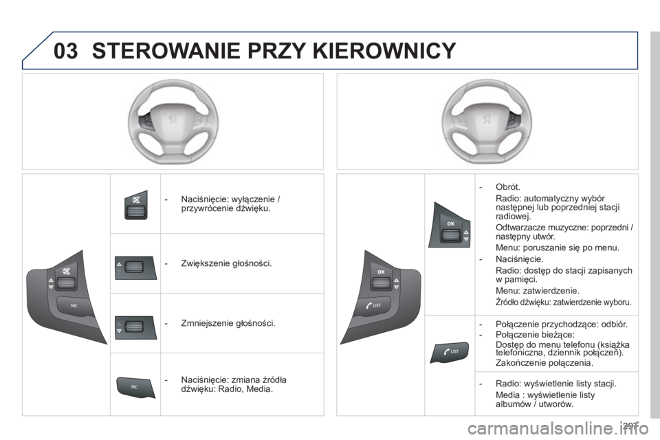 Peugeot 308 2014 Instrukcja Obsługi (in Polish) 03
297
308_pl_Chap10c_SMEGplus_ed02-2013
STEROWANIE PRZY KIEROWNICY
- Naciśnięcie: wyłączenie / przywrócenie dźwięku.
- Zwiększenie głośności.
- Zmniejszenie głośnoś Peugeot 308 2014 Instrukcja Obsługi (in Polish) 03
297
308_pl_Chap10c_SMEGplus_ed02-2013
STEROWANIE PRZY KIEROWNICY
- Naciśnięcie: wyłączenie / przywrócenie dźwięku.
- Zwiększenie głośności.
- Zmniejszenie głośnoś