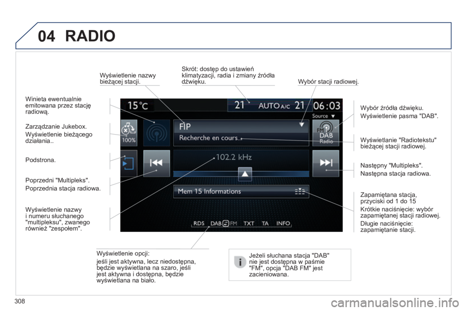 Peugeot 308 2014  Instrukcja Obsługi (in Polish) 04
308
308_pl_Chap10c_SMEGplus_ed02-2013
 RADIO 
  Wyświetlenie opcji:  
jeśli jest aktywna, lecz niedostępna, będzie wyświetlana na szaro, jeśli jest aktywna i dostępna, będzie wyświetlana n