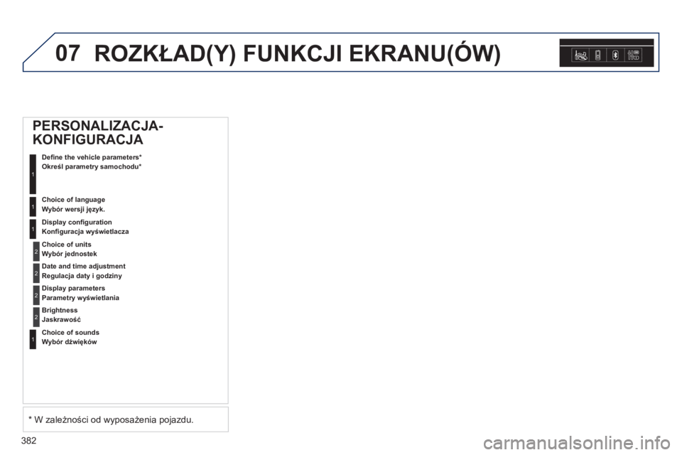Peugeot 308 2014  Instrukcja Obsługi (in Polish) 07
382
308_pl_Chap10d_RD45_ed02_2013
 ROZKŁAD(Y) FUNKCJI EKRANU(ÓW) 
      PERSONALIZACJA-
KONFIGURACJA 
Określ parametry samochodu *   1
Wybór wersji język. 1
Konﬁ guracja wyświetlacza 
Wybó