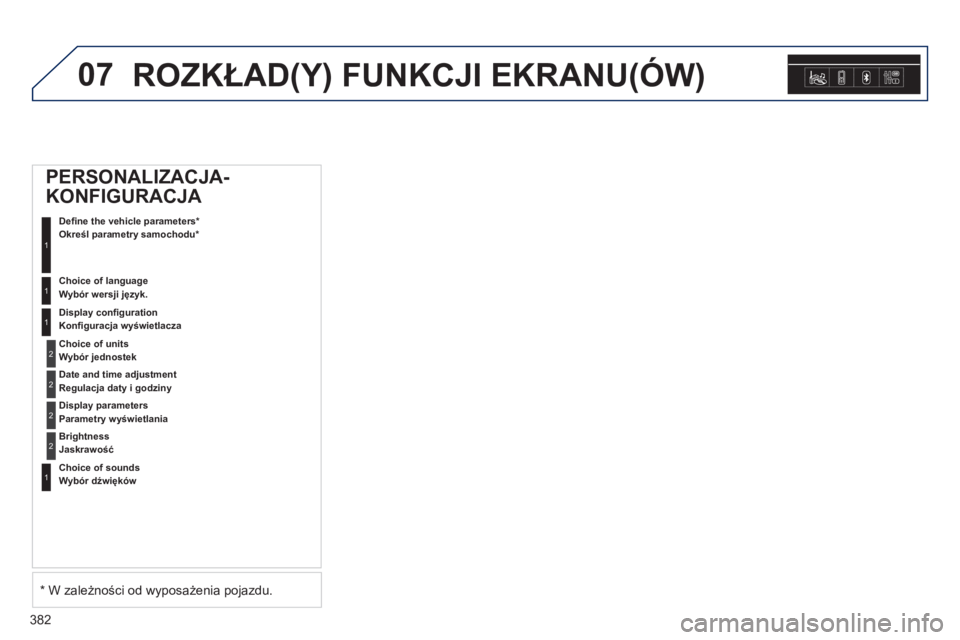 Peugeot 308 2014 Instrukcja Obsługi (in Polish) 07
382
308_pl_Chap10d_RD45_ed02_2013
ROZKŁAD(Y) FUNKCJI EKRANU(ÓW)
PERSONALIZACJA-
KONFIGURACJA
Określ parametry samochodu * 1
Wybór wersji język. 1
Konfi guracja wyświetlacza
Wybó Peugeot 308 2014 Instrukcja Obsługi (in Polish) 07
382
308_pl_Chap10d_RD45_ed02_2013
ROZKŁAD(Y) FUNKCJI EKRANU(ÓW)
PERSONALIZACJA-
KONFIGURACJA
Określ parametry samochodu * 1
Wybór wersji język. 1
Konfi guracja wyświetlacza
Wybó