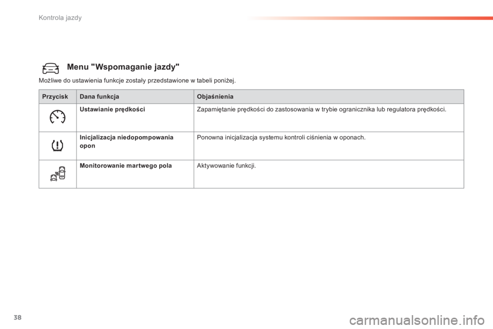 Peugeot 308 2014  Instrukcja Obsługi (in Polish) 38
Kontrola jazdy
308_ pl_Chap01_controle de marche_ed02-2013
Menu "Wspomaganie jazdy" 
 Możliwe do ustawienia funkcje zostały przedstawione w tabeli poniżej. 
PrzyciskDana funkcjaObjaśnie