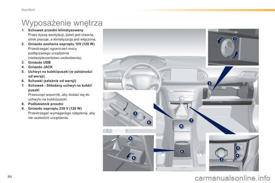 Peugeot 308 2014  Instrukcja Obsługi (in Polish) 84
Komfort
308_pl_Chap03_confort_ed02-2013
                     W y p o s a ż e n i e   w n ę t r z a  
1.    Schowek przedni klimatyzowany       Przez dyszę wentylacji, jeżeli jest otwarta, silni