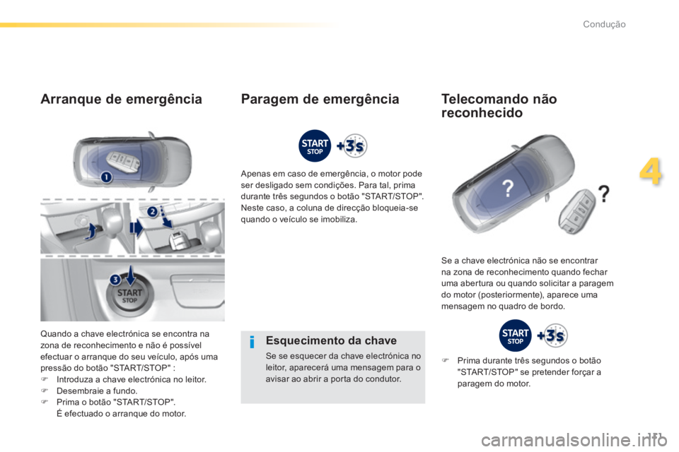 Peugeot 308 2014 Manual do proprietário (in Portuguese) 111
4
Condução
308_pt_Chap04_conduite_ed02-2013
Esquecimento da chave
Se se esquecer da chave electrónica no leitor, aparecerá uma mensagem para o avisar ao abrir a porta do condutor.
Arr Peugeot 308 2014 Manual do proprietário (in Portuguese) 111
4
Condução
308_pt_Chap04_conduite_ed02-2013
Esquecimento da chave
Se se esquecer da chave electrónica no leitor, aparecerá uma mensagem para o avisar ao abrir a porta do condutor.
Arr