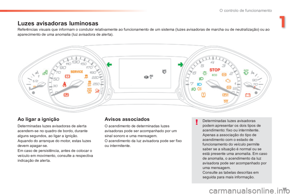 Peugeot 308 2014  Manual do proprietário (in Portuguese) 13
1
O controlo de funcionamento
308_pt_Chap01_controle de marche_ed02-2013
Luzes avisadoras luminosas 
  Determinadas  luzes  avisadoras podem apresentar os dois tipos de acendimento: fixo ou intermi