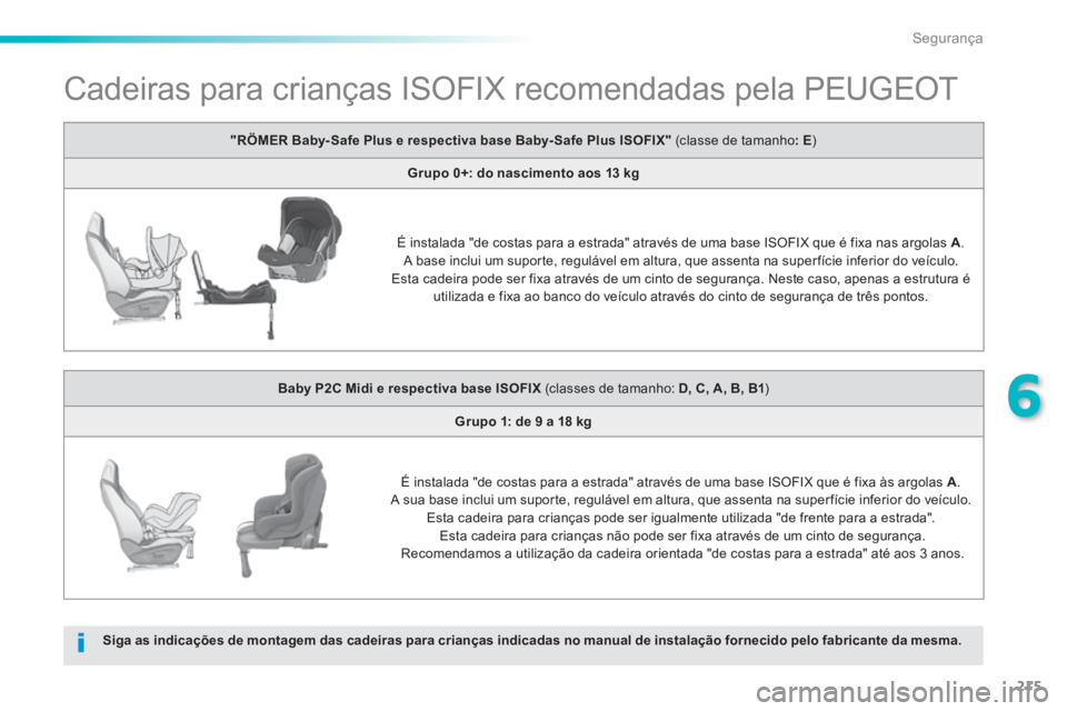 Peugeot 308 2014 Manual do proprietário (in Portuguese) 215
6
Segurança
308_pt_Chap06_securite_ed02-2013
Cadeiras para crianças ISOFIX recomendadas pela PEUGEOT
Siga as indicações de montagem das cadeiras para crianças indicadas no ma Peugeot 308 2014 Manual do proprietário (in Portuguese) 215
6
Segurança
308_pt_Chap06_securite_ed02-2013
Cadeiras para crianças ISOFIX recomendadas pela PEUGEOT
Siga as indicações de montagem das cadeiras para crianças indicadas no ma