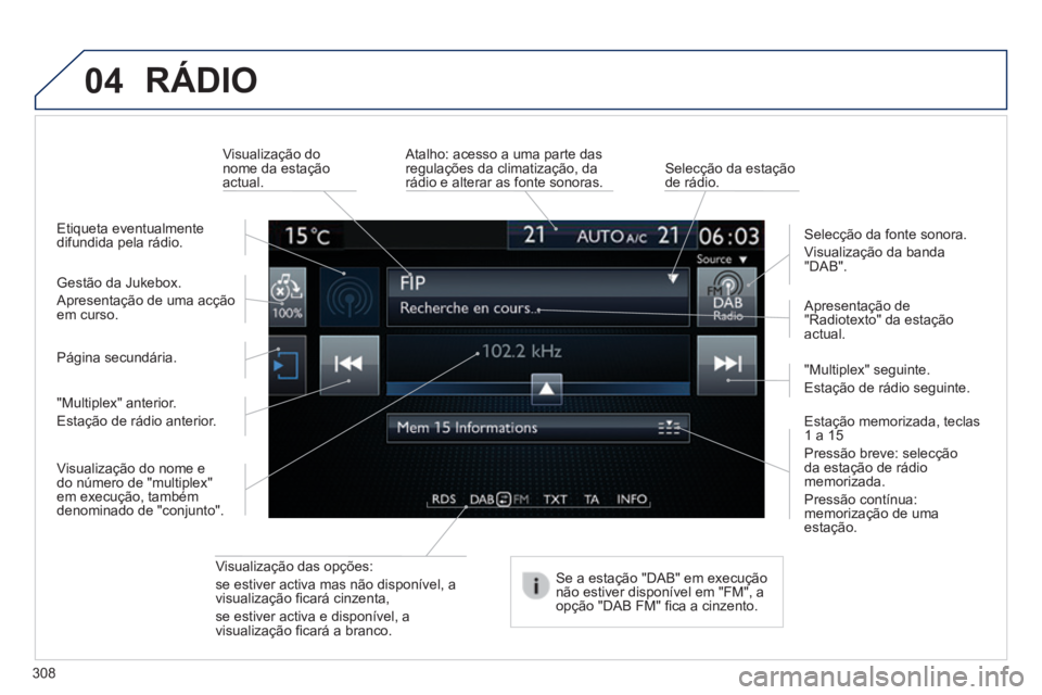 Peugeot 308 2014 Manual do proprietário (in Portuguese) 04
308
308_pt_Chap10c_SMEGplus_ed02-2013
RÁDIO
Visualização das opções:
se estiver activa mas não disponível, a visualização fi cará cinzenta,
se estiver activa e disponível, a v Peugeot 308 2014 Manual do proprietário (in Portuguese) 04
308
308_pt_Chap10c_SMEGplus_ed02-2013
RÁDIO
Visualização das opções:
se estiver activa mas não disponível, a visualização fi cará cinzenta,
se estiver activa e disponível, a v