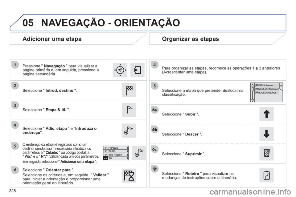 Peugeot 308 2014 Manual do proprietário (in Portuguese) 05
328
308_pt_Chap10c_SMEGplus_ed02-2013
Adicionar uma etapa Organizar as etapas
Seleccione " Introd. destino ".
Seleccione " Etapa & iti. ".
Seleccione " Adic. etapa Peugeot 308 2014 Manual do proprietário (in Portuguese) 05
328
308_pt_Chap10c_SMEGplus_ed02-2013
Adicionar uma etapa Organizar as etapas
Seleccione " Introd. destino ".
Seleccione " Etapa & iti. ".
Seleccione " Adic. etapa