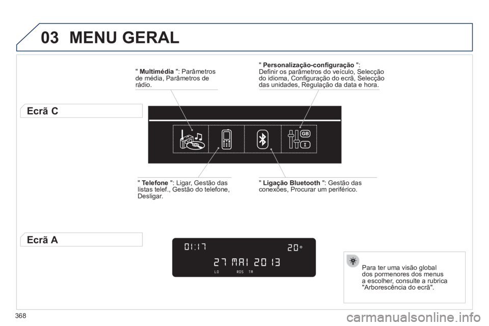 Peugeot 308 2014 Manual do proprietário (in Portuguese) 03
368
308_pt_Chap10d_RD45_ed02_2013
MENU GERAL
" Multimédia ": Parâmetros de média, Parâmetros de rádio.
Ecrã C
Para ter uma visão global dos pormenores dos menus a esco Peugeot 308 2014 Manual do proprietário (in Portuguese) 03
368
308_pt_Chap10d_RD45_ed02_2013
MENU GERAL
" Multimédia ": Parâmetros de média, Parâmetros de rádio.
Ecrã C
Para ter uma visão global dos pormenores dos menus a esco
