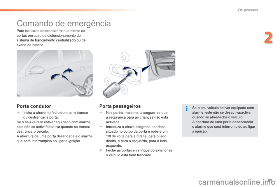 Peugeot 308 2014  Manual do proprietário (in Portuguese) 51
2
Os acessos
308_pt_Chap02_ouvertures_ed02-2013
 Comando de emergência 
  Porta  condutor 
   Insira a chave na fechadura para trancar ou destrancar a porta.   Se o seu veículo estiver equipad