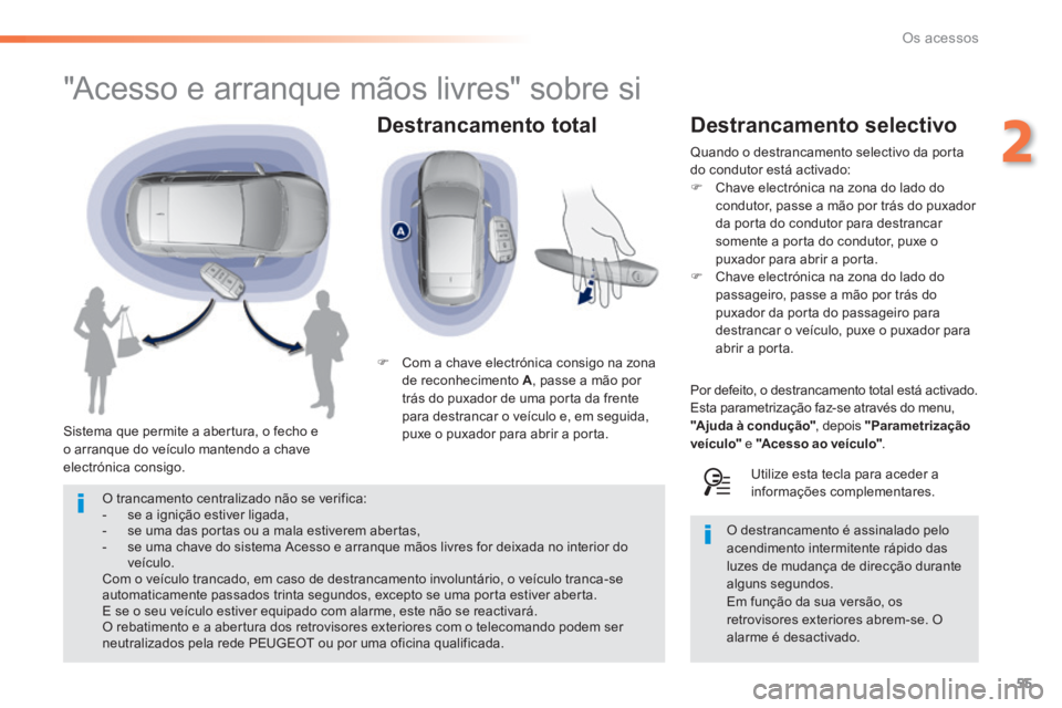 Peugeot 308 2014  Manual do proprietário (in Portuguese) 55
2
Os acessos
308_pt_Chap02_ouvertures_ed02-2013
  Destrancamento  total 
                "Acesso e arranque mãos livres" sobre si 
  Sistema que permite a abertura, o fecho e o arranque do veícul