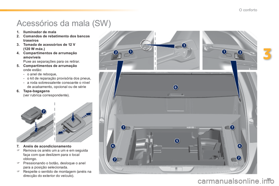 Peugeot 308 2014  Manual do proprietário (in Portuguese) 91
3
O conforto
308_pt_Chap03_confort_ed02-2013
                 Acessórios da mala (SW)  
1.    Iluminador de mala2.    Comandos de rebatimento dos bancos traseiros3.    Tomada de acessórios de 12 