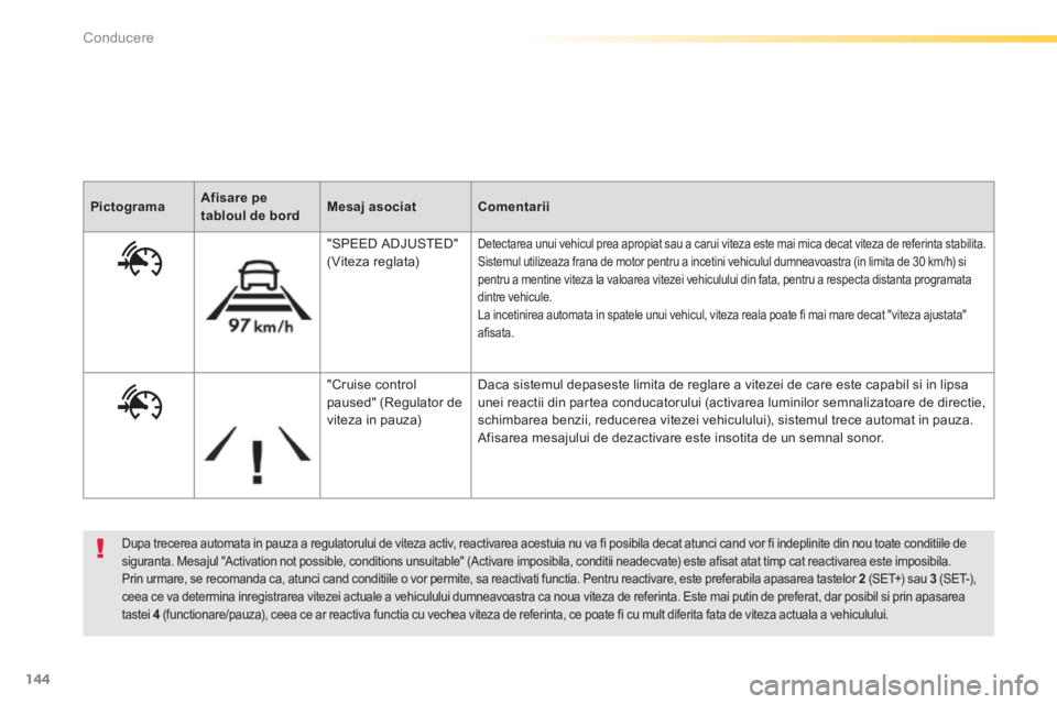 Peugeot 308 2014  Manualul de utilizare (in Romanian) 144
Conducere
308_RO_CHAP04_CONDUITE_ED02-2013
  Dupa trecerea automata in pauza a regulatorului de viteza activ, reactivarea acestuia nu va fi posibila decat atunci cand vor fi indeplinite din nou to