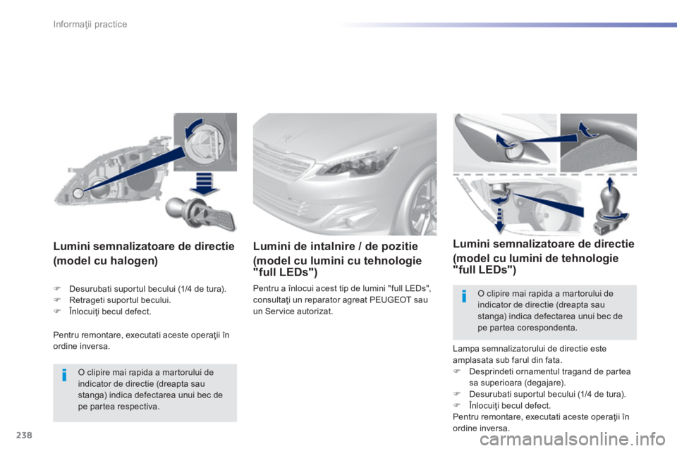 Peugeot 308 2014  Manualul de utilizare (in Romanian) 238
Informaţii practice
308_RO_CHAP07_INFO PR ATIQUES_ED02-2013
 Pentru remontare, executati aceste operaţii în ordine inversa.  
       L u m i n i   s e m n a l i z a t o a r e   d e   d i r e c 