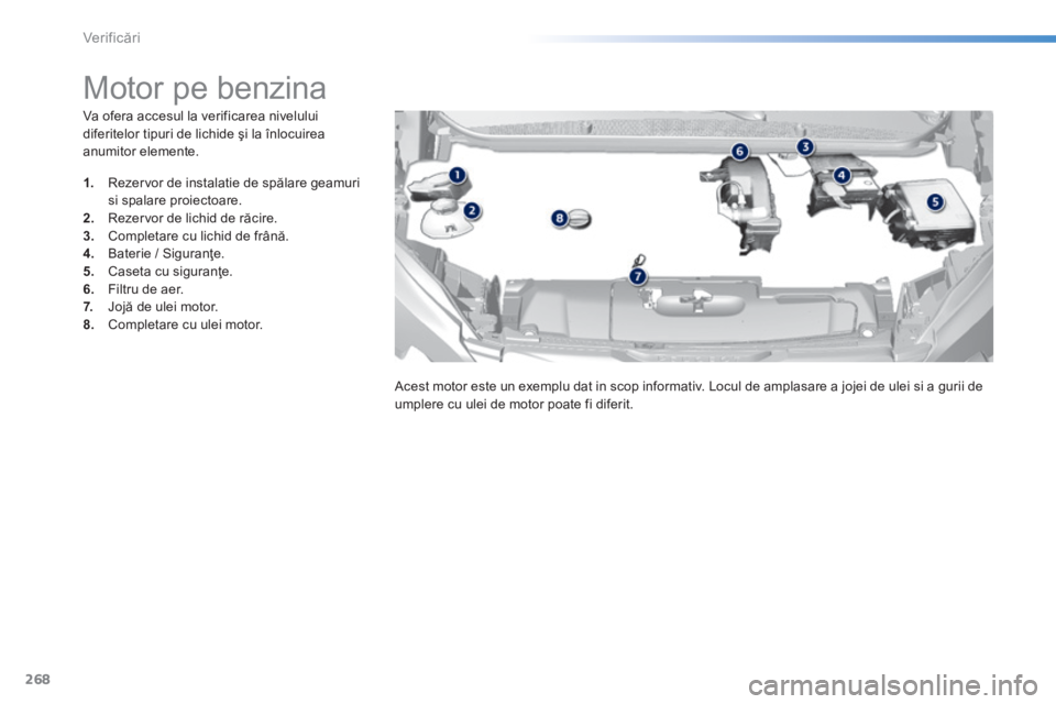 Peugeot 308 2014 Manualul de utilizare (in Romanian) 268
Verificări
308_RO_CHAP08_VERIFICATIONS_ED02-2013
Va ofera accesul la verificarea nivelului diferitelor tipuri de lichide şi la înlocuirea anumitor elemente.
Motor pe benzina Peugeot 308 2014 Manualul de utilizare (in Romanian) 268
Verificări
308_RO_CHAP08_VERIFICATIONS_ED02-2013
Va ofera accesul la verificarea nivelului diferitelor tipuri de lichide şi la înlocuirea anumitor elemente.
Motor pe benzina