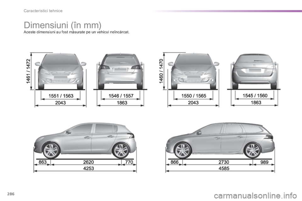 Peugeot 308 2014 Manualul de utilizare (in Romanian) 286
Caracteristici tehnice
308_RO_CHAP09_CARACTERISTIQUES TECHNIQUES_ED02-2013
Dimensiuni (în mm) Aceste dimensiuni au fost măsurate pe un vehicul neîncărcat. Peugeot 308 2014 Manualul de utilizare (in Romanian) 286
Caracteristici tehnice
308_RO_CHAP09_CARACTERISTIQUES TECHNIQUES_ED02-2013
Dimensiuni (în mm) Aceste dimensiuni au fost măsurate pe un vehicul neîncărcat.