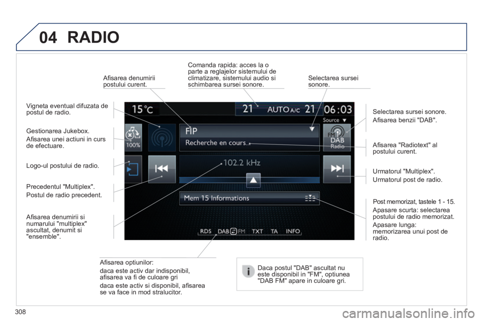 Peugeot 308 2014 Manualul de utilizare (in Romanian) 04
308
308_RO_CHAP10C_SMEGPLUS_ED02-2013
RADIO
Afi sarea optiunilor:
daca este activ dar indisponibil, afi sarea va fi de culoare gri
daca este activ si disponibil, afi sarea se va face i Peugeot 308 2014 Manualul de utilizare (in Romanian) 04
308
308_RO_CHAP10C_SMEGPLUS_ED02-2013
RADIO
Afi sarea optiunilor:
daca este activ dar indisponibil, afi sarea va fi de culoare gri
daca este activ si disponibil, afi sarea se va face i