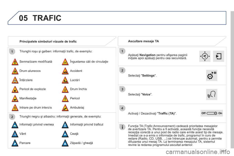 Peugeot 308 2014 Manualul de utilizare (in Romanian) 05
331
308_RO_CHAP10C_SMEGPLUS_ED02-2013
Triunghi roşu şi galben: informaţii trafi c, de exemplu:
Semnalizare modifi cată
Pericol de explozie
Îngustarea căii de circulaţie
Drum înch Peugeot 308 2014 Manualul de utilizare (in Romanian) 05
331
308_RO_CHAP10C_SMEGPLUS_ED02-2013
Triunghi roşu şi galben: informaţii trafi c, de exemplu:
Semnalizare modifi cată
Pericol de explozie
Îngustarea căii de circulaţie
Drum înch